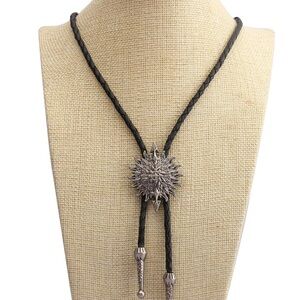 Black Braided Necklace with Silver Sunburst Pendant